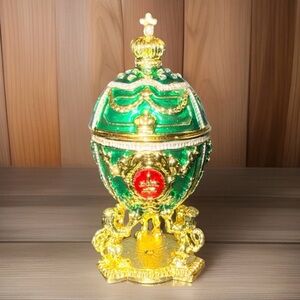 NIB Stauer Ornate Style 3” Egg/Trinket Box-Green/Gold/Red